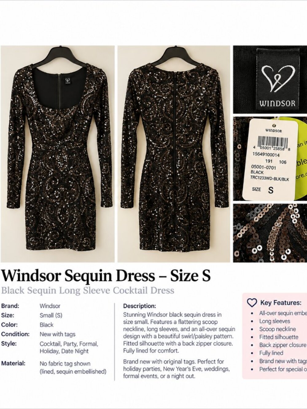 Windsor Black Sequin Long Sleeve Mini Dress Size S – NWT
